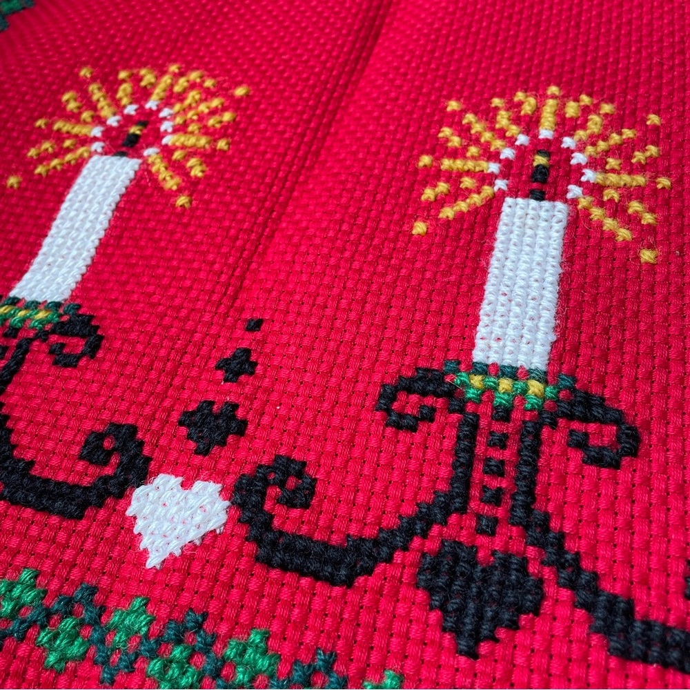 Vintage candle holiday cross stitch table cloth runner Christmas fiber art holly